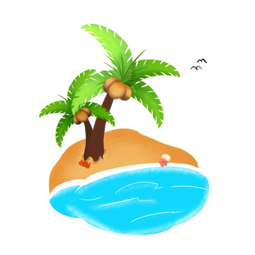 手繪兒插夏日海灘椰子樹度假元素