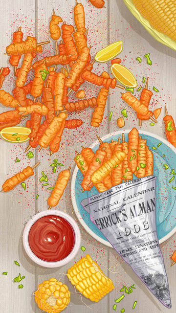 黄色线稿风美食插画海报