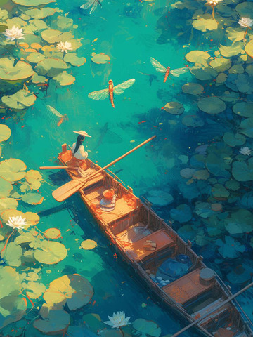 蜻蜓飛舞的白蓮花池中的木船