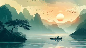 薄暮孤舟意境中國風(fēng)背景插畫