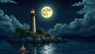 月下孤舟小島燈塔