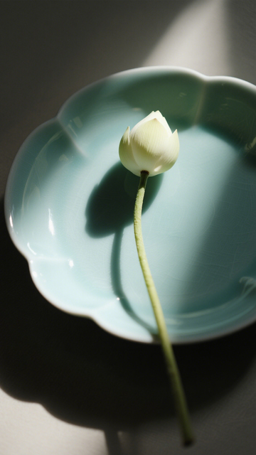 青瓷盤白蓮光影