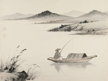 中國畫國風(fēng)山水墨畫遠(yuǎn)山江景釣魚人素材