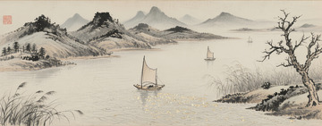 中國國畫山水畫遠(yuǎn)山江河漁船素材