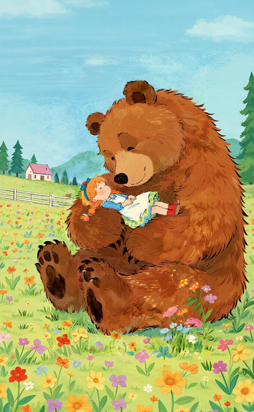 童話風熊與女孩草地嬉戲插畫