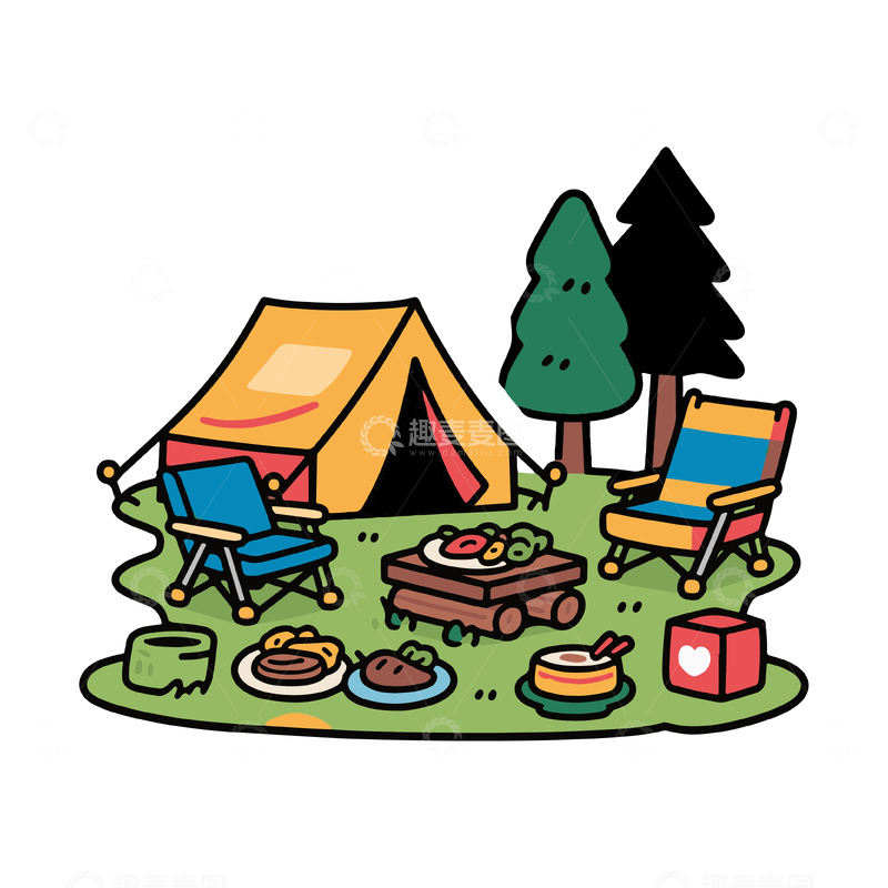 源文件下載【趣麥麥圖】-卡通露營野餐場景插畫