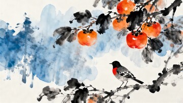 柿紅雀鳴秋意濃