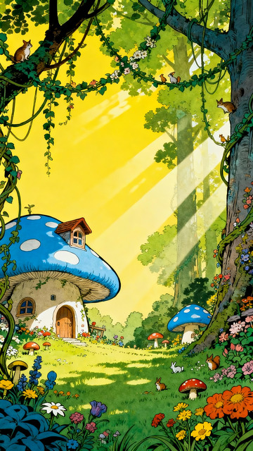 童話風森林蘑菇屋插畫