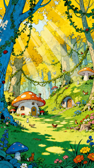 童話風森林蘑菇屋插畫