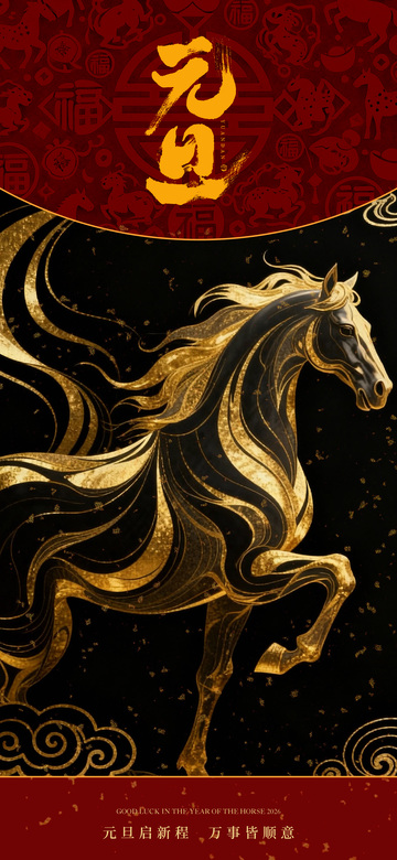 金黑馬元旦祝福藝術(shù)海報(bào)