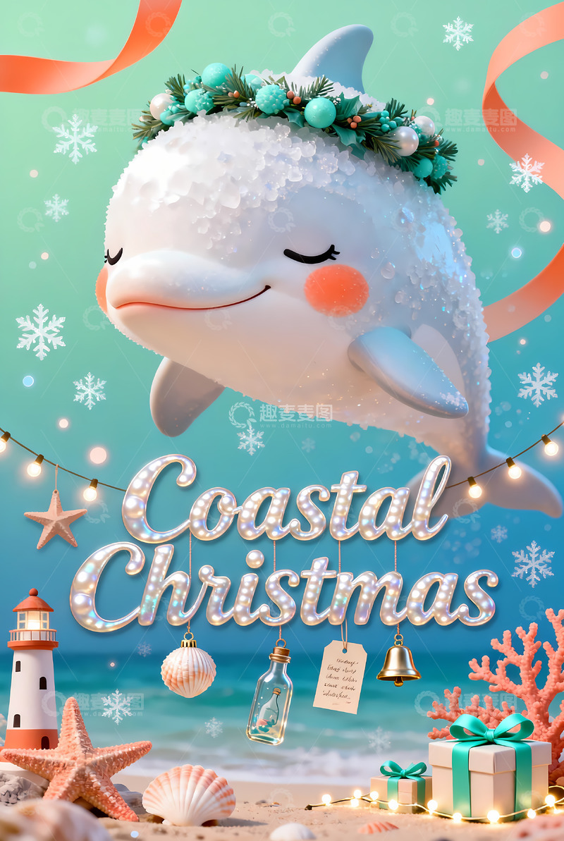 高清大圖下載【趣麥麥圖】-海岸圣誕歡樂卡通裝飾插畫