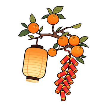 卡通風春節(jié)桔子燈籠鞭炮裝飾圖案