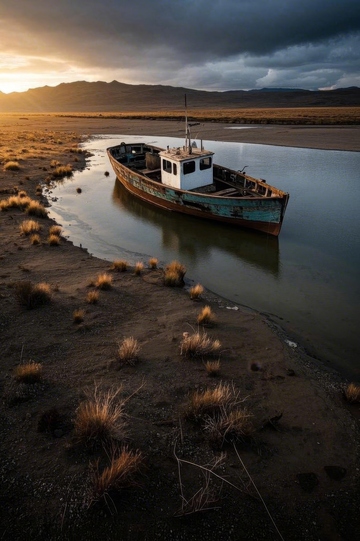 夕陽下岸邊停泊的老舊漁船