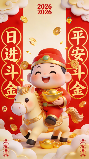 2026 瑞馬送財：笑面財神的金滿云間圖