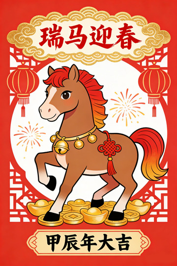 瑞馬迎春喜慶插畫馬年海報