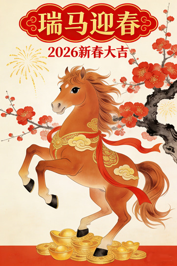 瑞馬迎春新春插畫馬年海報