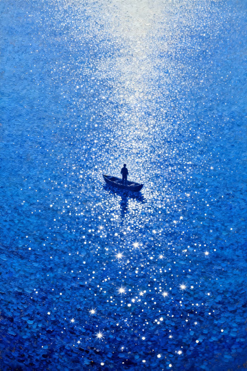 油畫風(fēng)格藍(lán)色劃船的男生設(shè)計(jì)圖