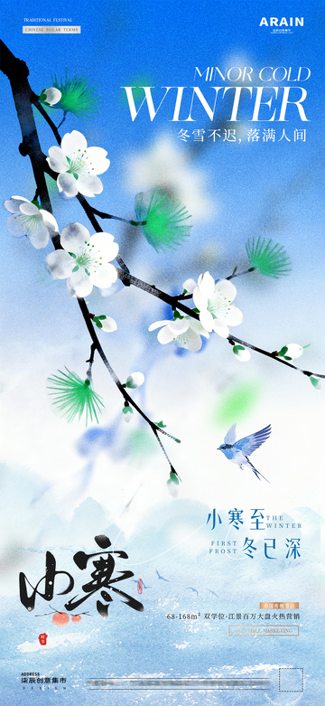 地產(chǎn)小寒大寒中式花卉質(zhì)感海報1