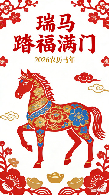 瑞馬踏福剪紙風格海報