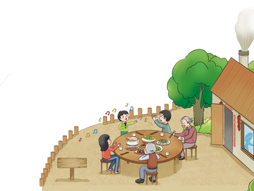 一家人戶外溫馨聚餐場景農(nóng)家小院插畫