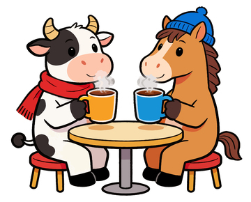 卡通牛馬冬日喝茶
