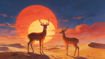 日落草原鹿景插畫素材