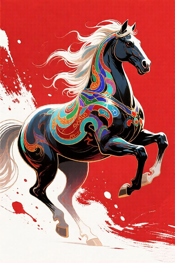 藝術風駿馬躍動圖案國潮插畫素材