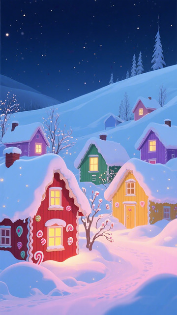 童話風雪夜村莊插畫