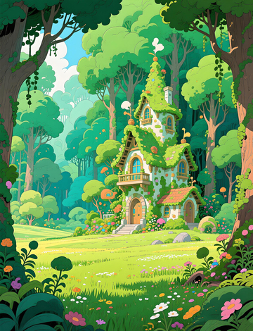 童話風森林小屋插畫素材動漫唯美