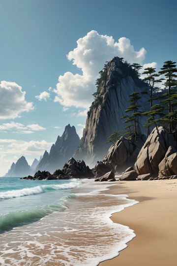 海邊沙灘與遠(yuǎn)處山巒景觀