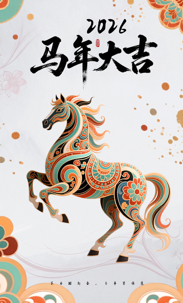 2026馬年大吉國潮國風潑墨藝術插畫海報