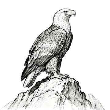 黑白鷹棲息在巖石素描圖