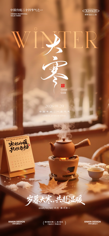 暖冬大寒茶香場景海報