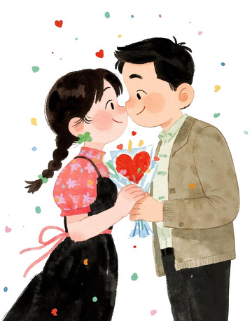 卡通情侶鮮花約會插畫