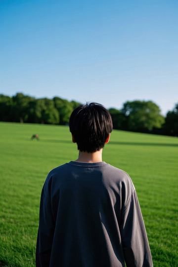 少年背影凝望綠地遠方