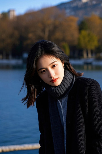 湖邊年輕女子冬日寫真