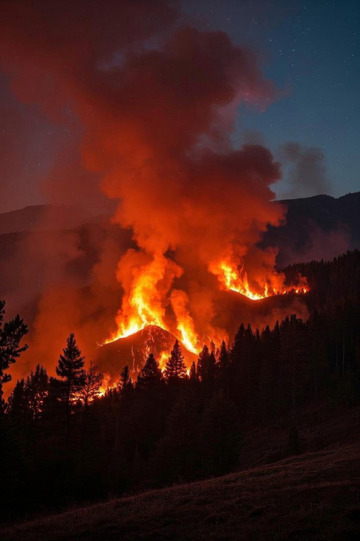 夜晚山林森林火災景象