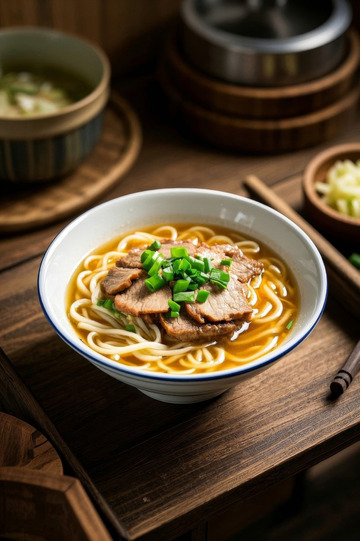 木桌上摆放的一碗牛肉面条