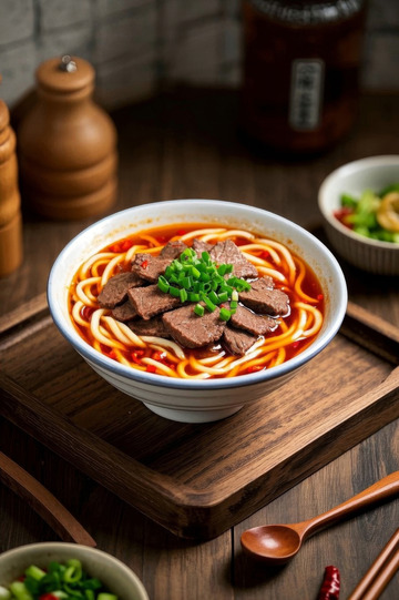 木桌上的一碗牛肉面条