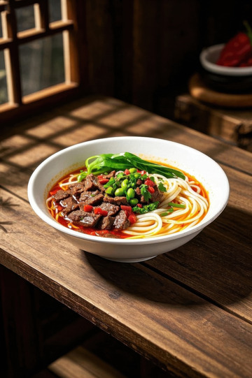 木桌上的牛肉面条美食