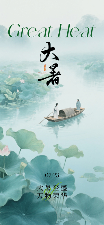 国风大暑节气荷塘泛舟插画设计素材