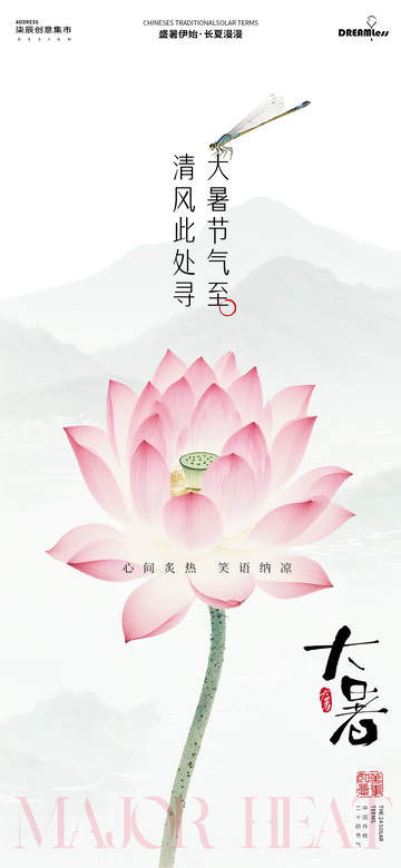 国风大暑节气荷花手绘海报