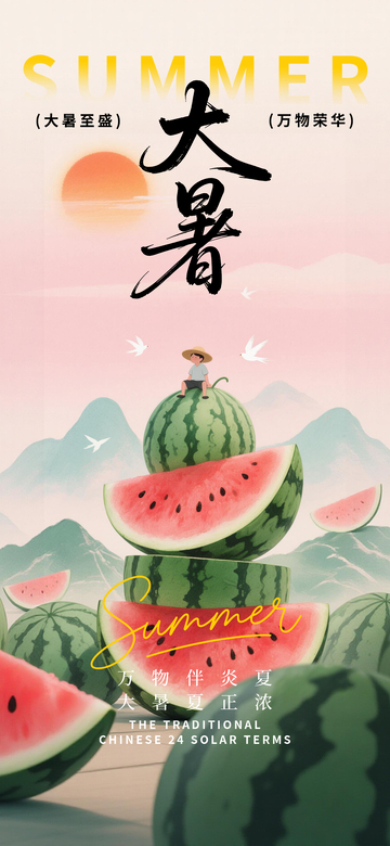 国风插画大暑节气西瓜手绘设计素材