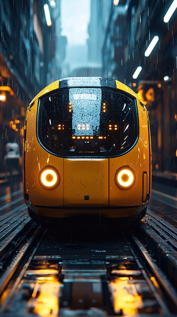 雨中未來都市黃色列車