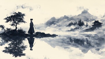 武士少女湖畔圖