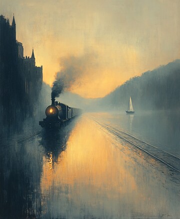 蒸汽列車穿過霧靄