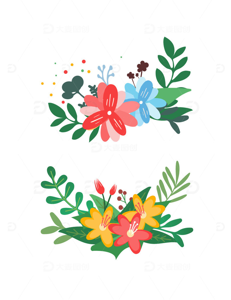 清新鲜花草丛绿植物手绘装饰矢量插画