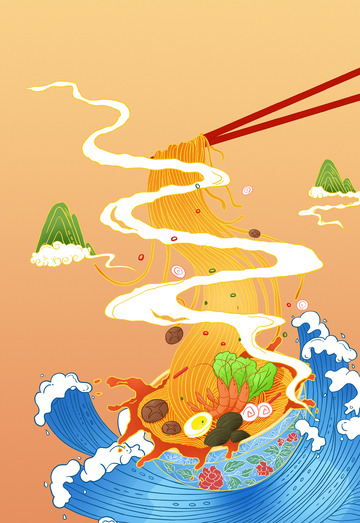 黄色国潮海鲜拉面手绘风