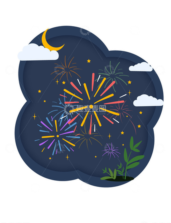 源文件下载【趣麦麦图】卡通烟花夜晚天空繁星礼花炮竹夜景插画
