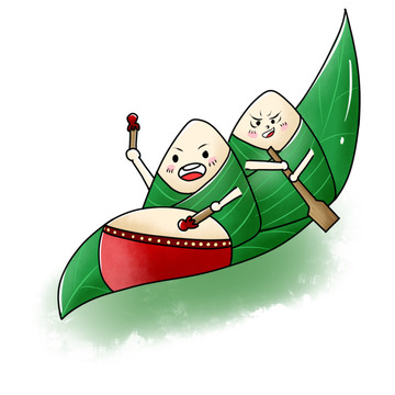 卡通端午可爱粽子击鼓划龙舟手绘图